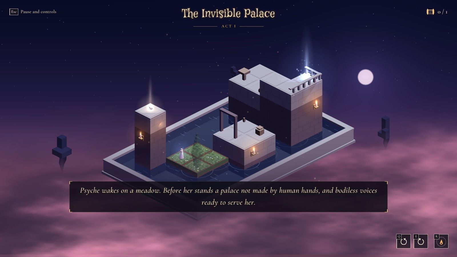 The Invisible Palace at dusk: a white palace in a basin of water, over a sea of clouds